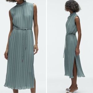 Zara Pleated Dress With Belt Green Marl Size Medium